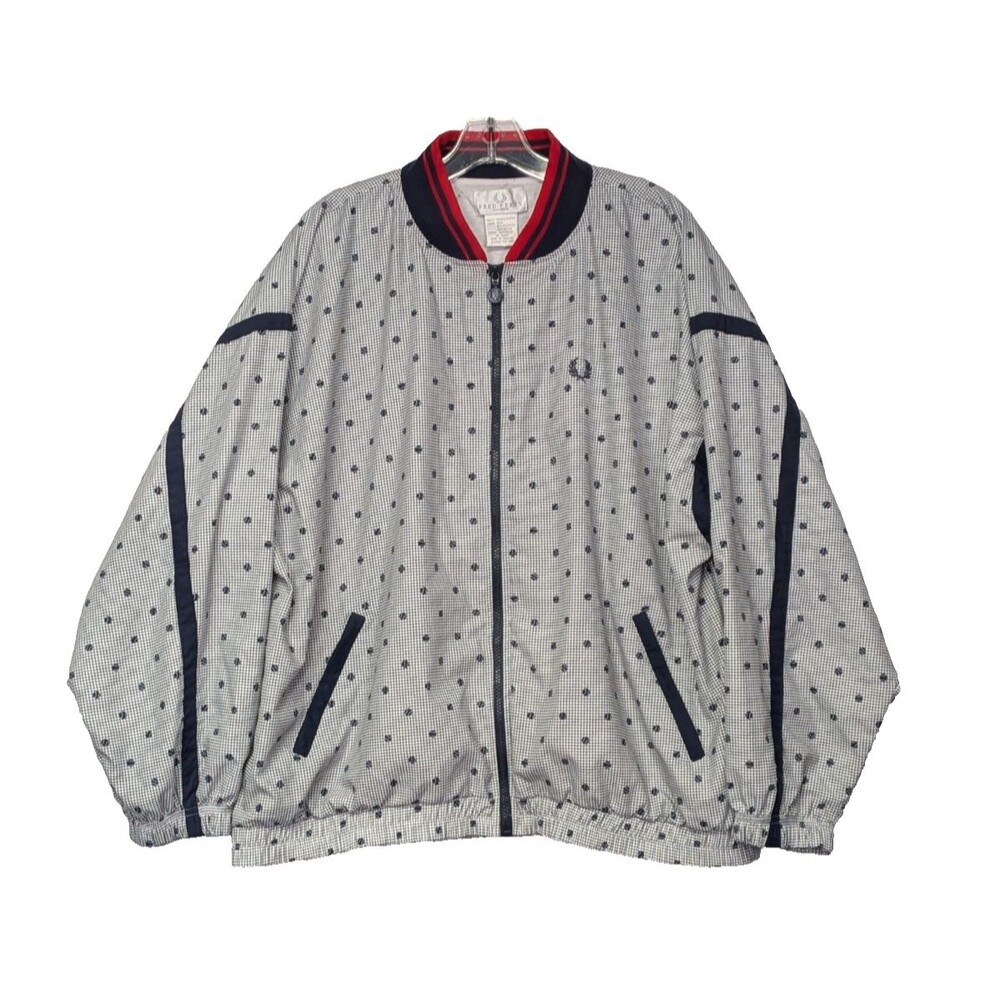 Vintage FRED PERRY White & Blue Bomber Jacket XL Tennis Ball Print Lightweight